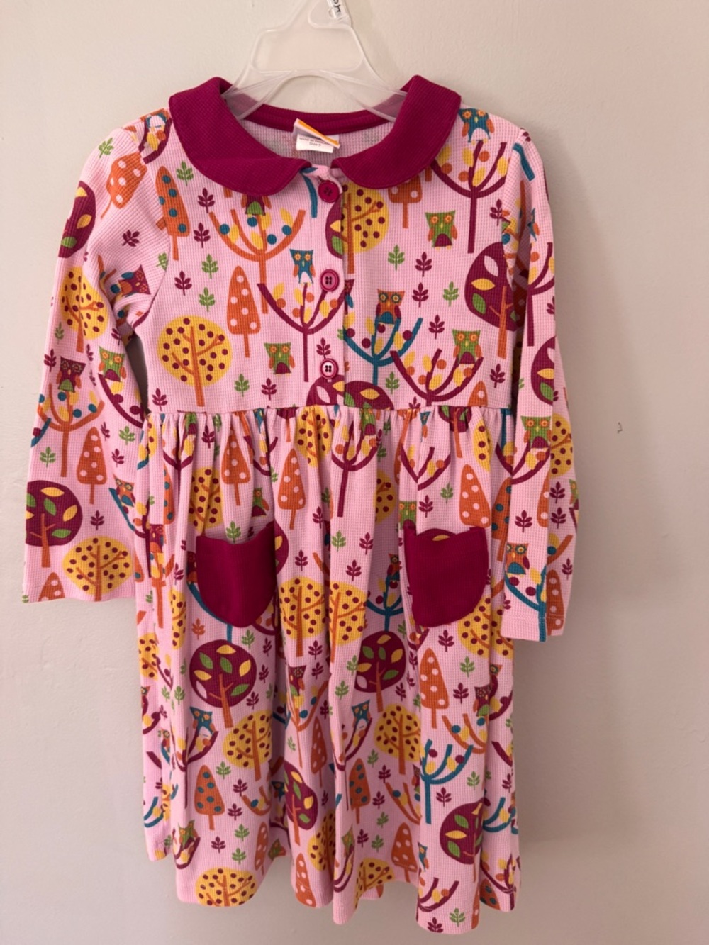 Girls Pink Owl & Tree Print Long Sleeve Dress with Magenta Collar